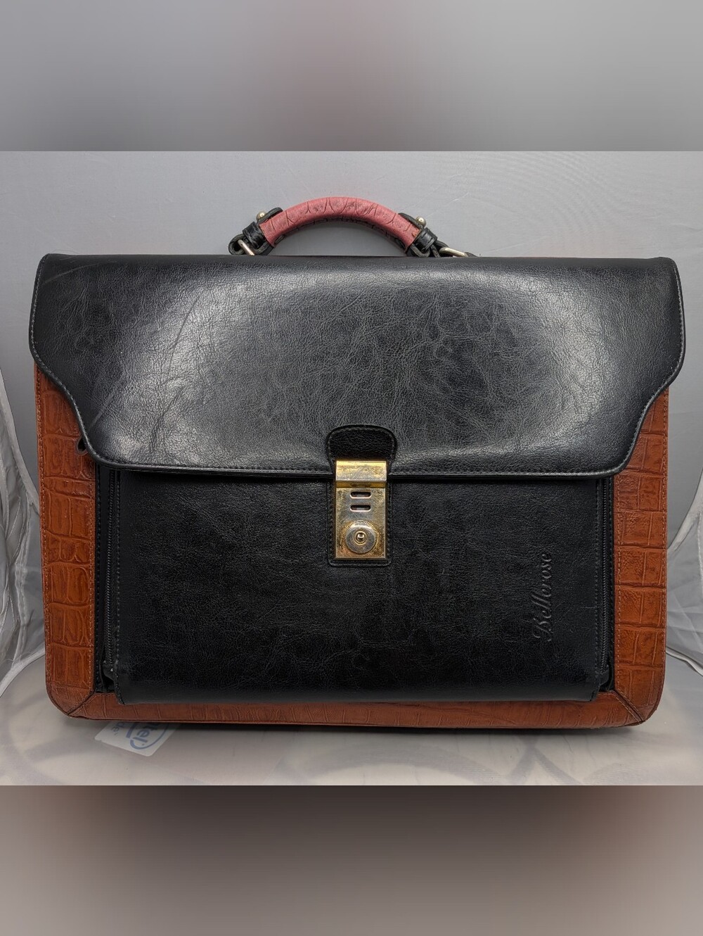 Vtg Bellerose Black Leather Briefcase Brown Croc Embossed Laptop Messenger Bag